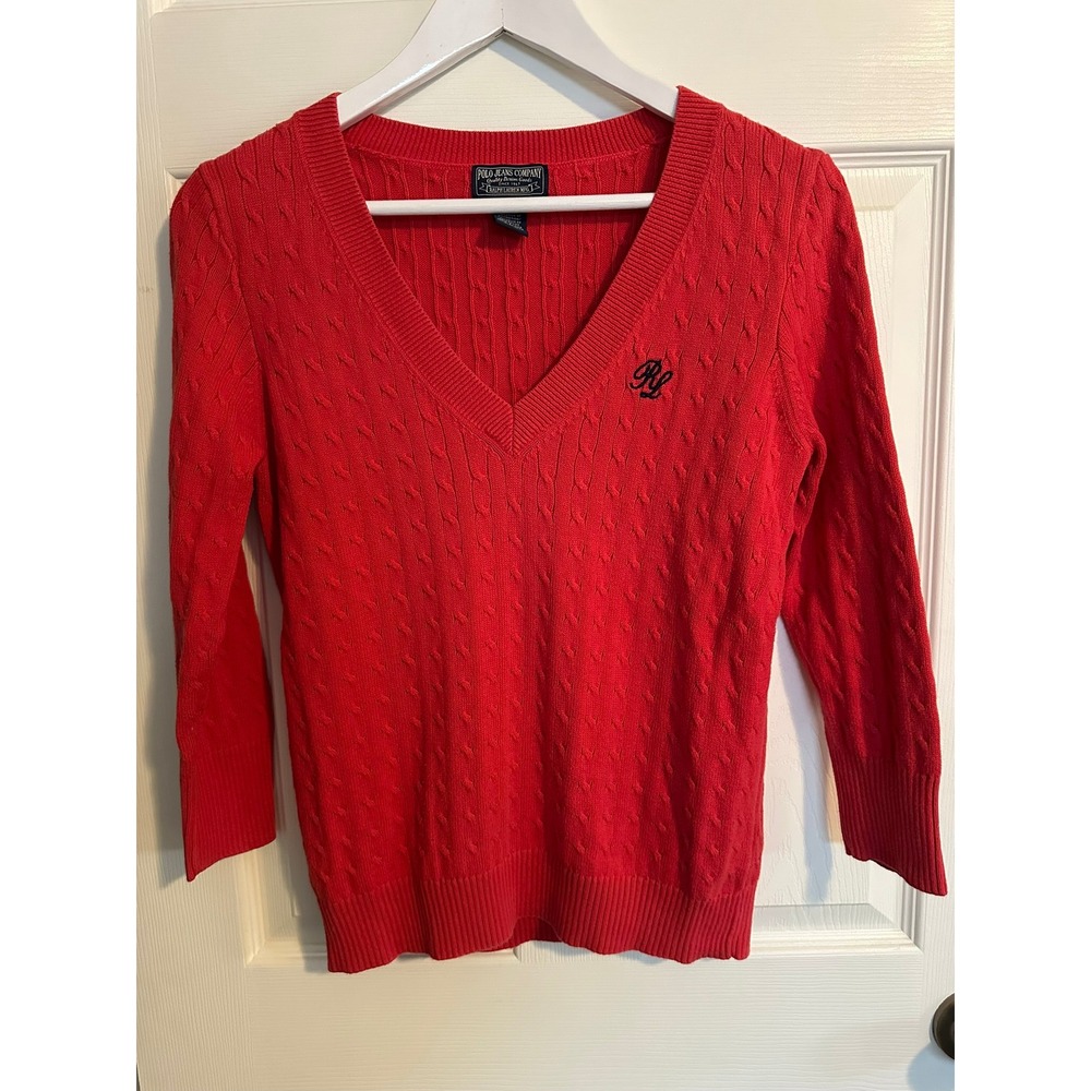 Polo Jeans Womens Pink, Melon Color Cable Knit V Neck Sweater 3/4 Long Sleeve